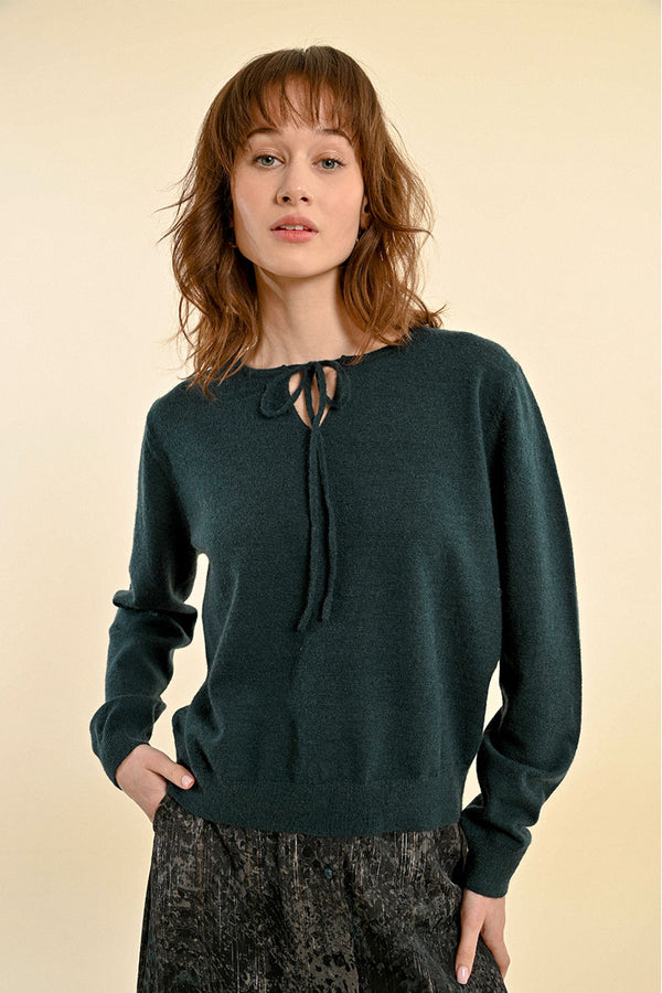 Fine Knit Sweater with Tie Collar