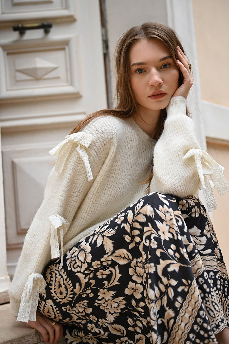 Ladies Knitted Sweater with Lace Bows