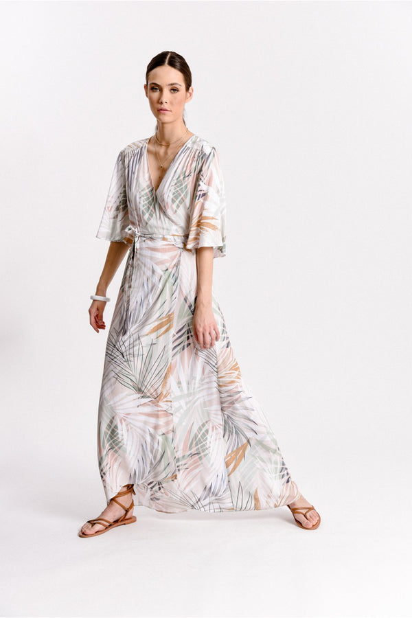 Printed Sunset Palm Wrap Dress