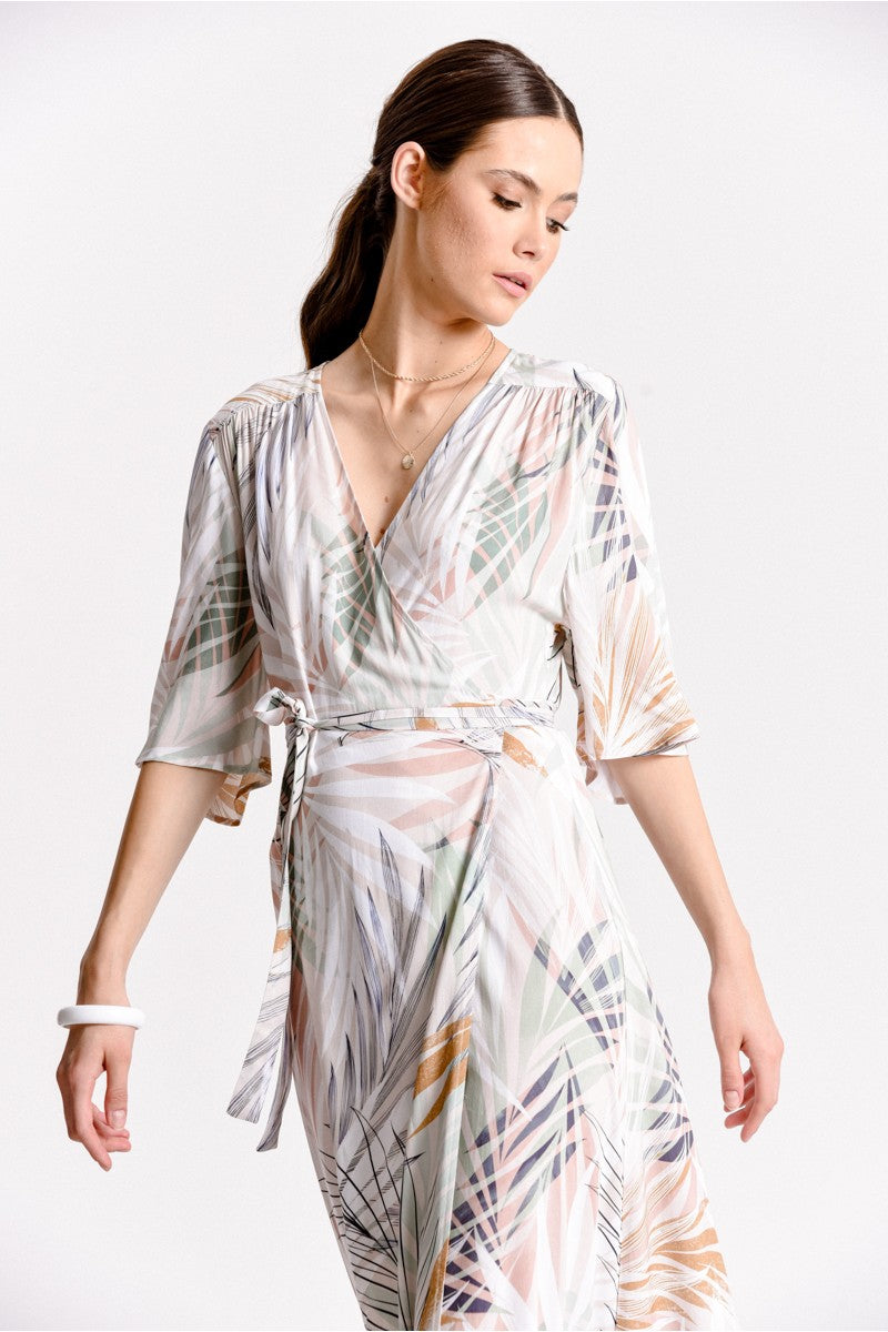 Printed Sunset Palm Wrap Dress