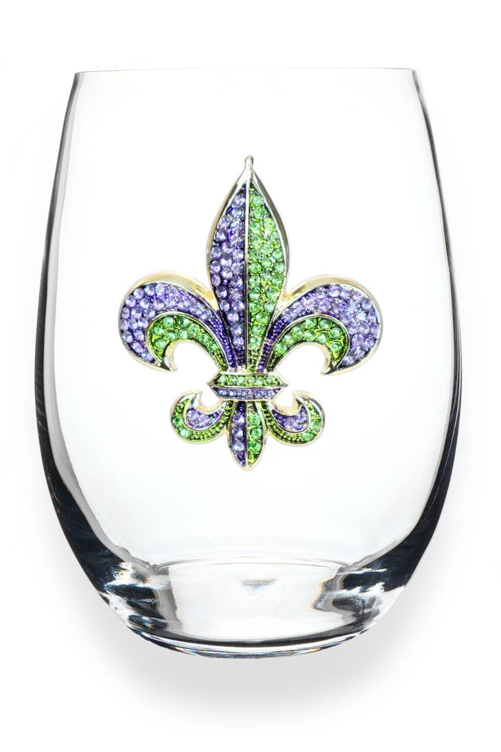 Purple and Green Diamond Fleur de Lis Stemless Glass