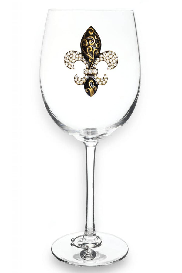 Gold Swirl Fleur De Lis Jeweled Stemmed Wine Glass